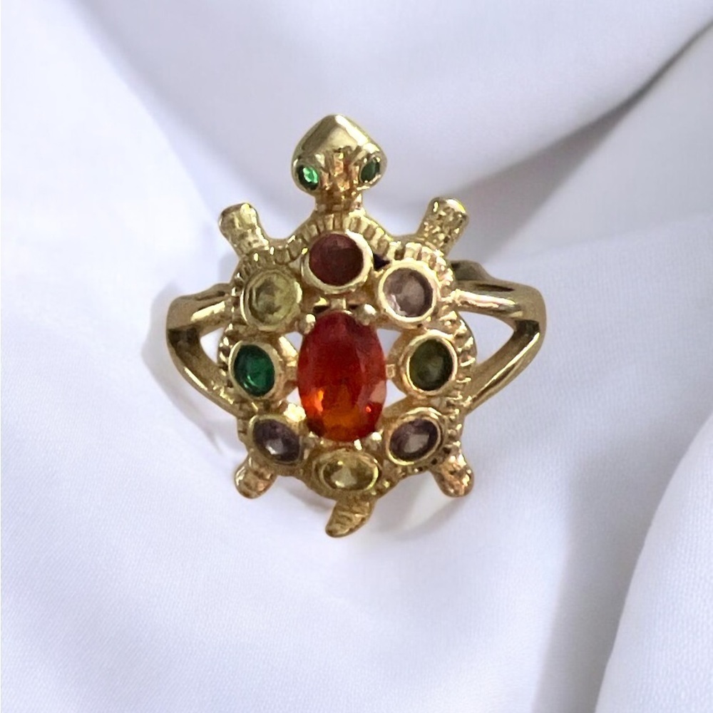Gold Turtle Ring with Multicolor Gemstones Size-7